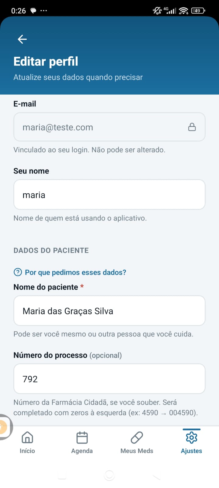 Ficha do paciente com prazos e documentos